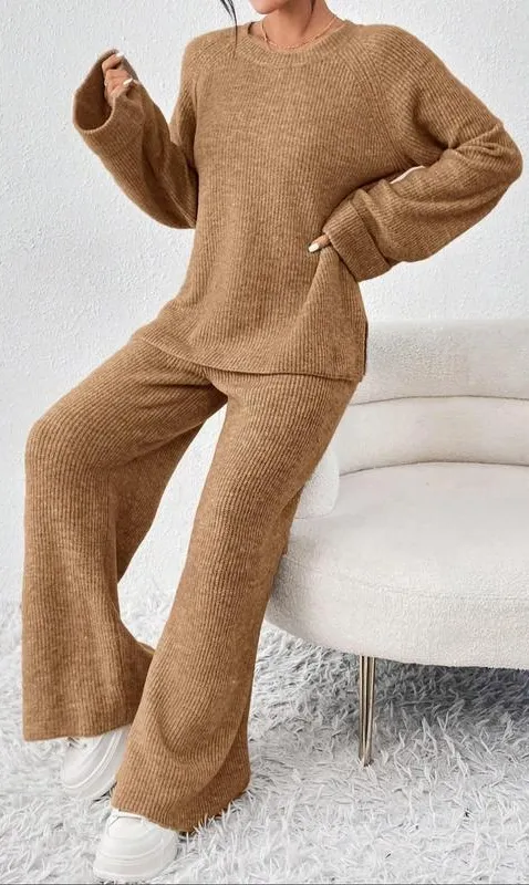 Women's Raglan Sleeve Split Long Sleeve Sweater & Elastic Waist Pants Set