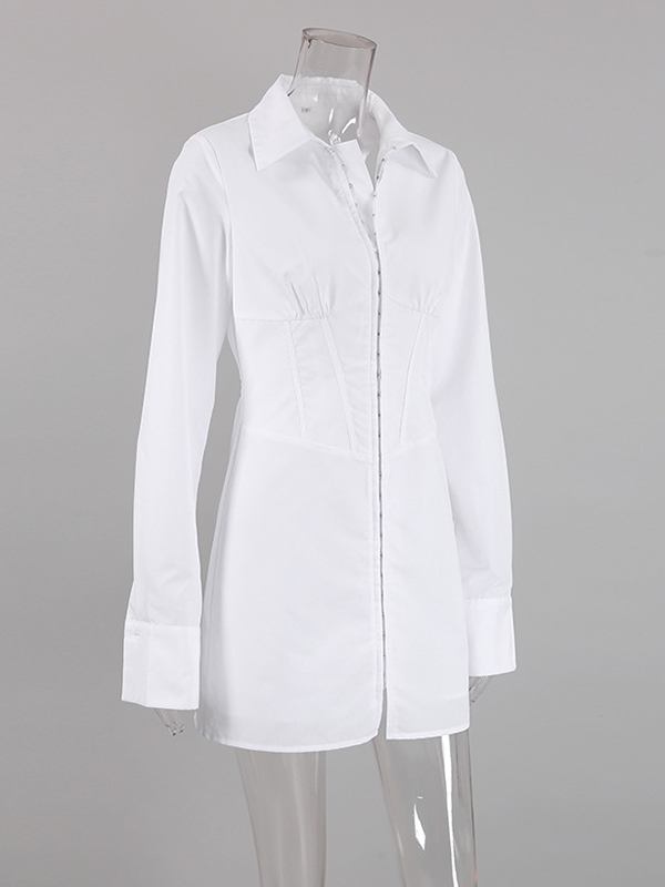 Buckle Solid Color Split-Front High Waisted Long Sleeves Lapel Mini Dresses