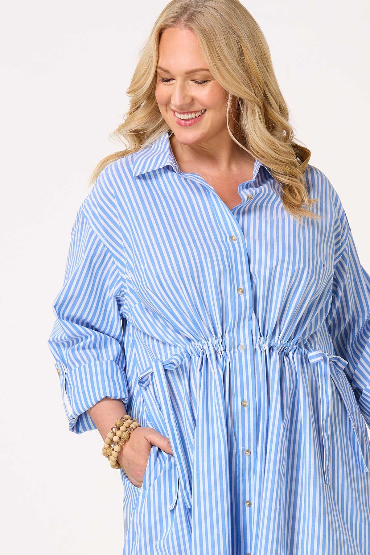 Plus Size Tie Waist Striped Shirt Dress