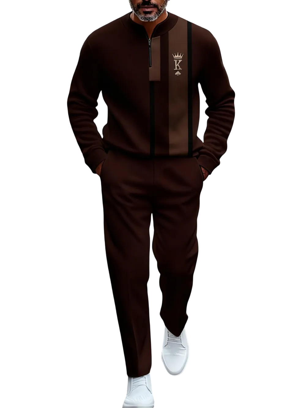 Men's Fashion New Retro Beige & Brown Block Semi-Cardigan Set