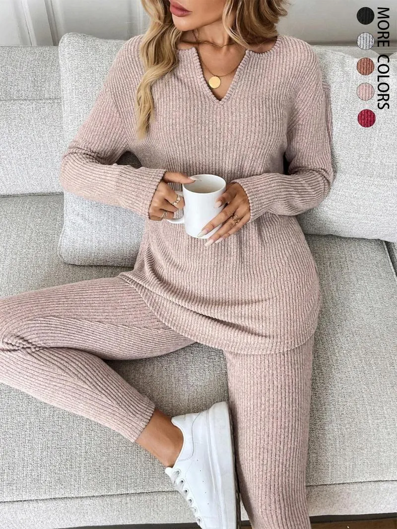 Women's Casual Plush Rib-Knit Long Sleeve T-Shirt And Leggings Suit