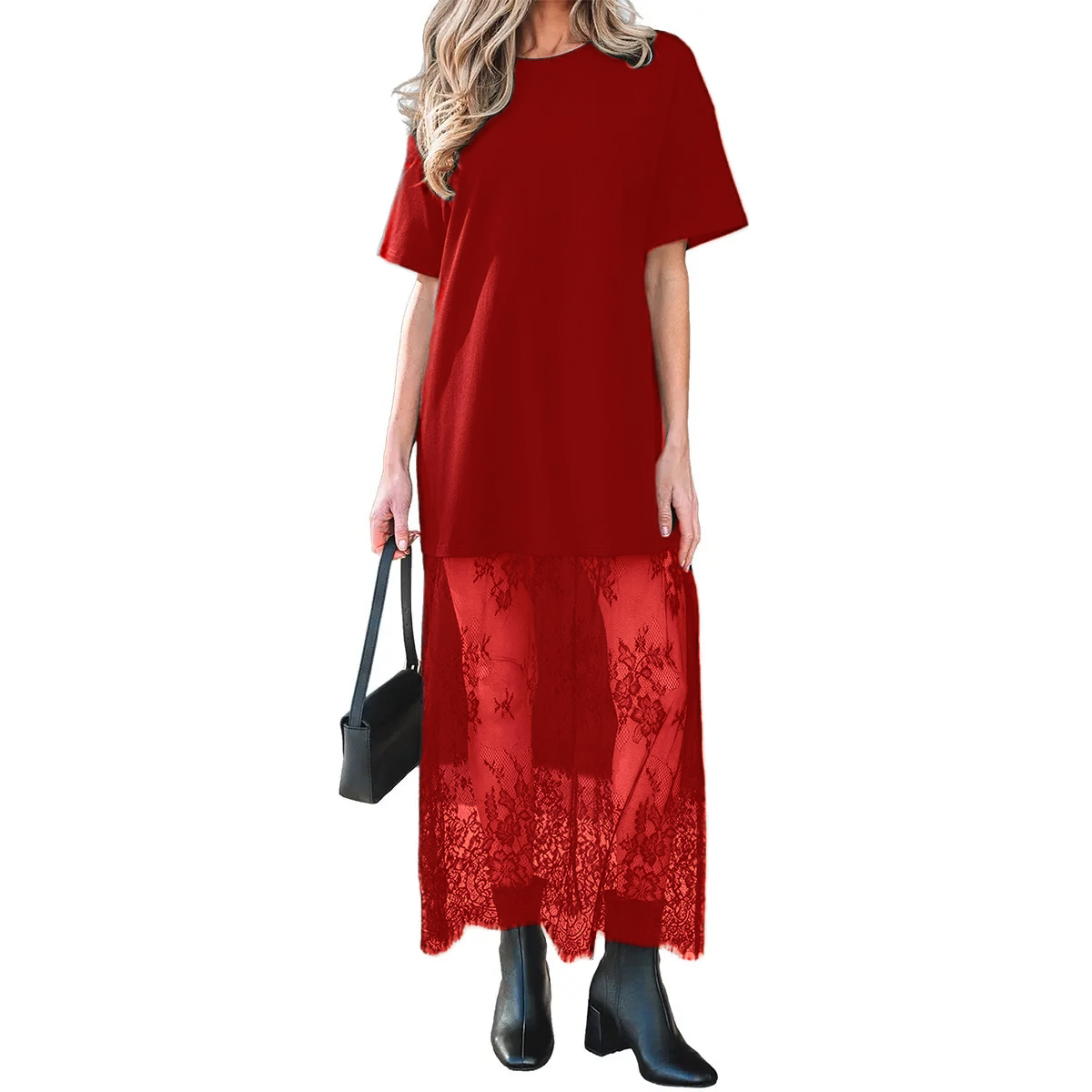 Women’s Oversized T-Shirt Maxi Dress with Sheer Lace Hem