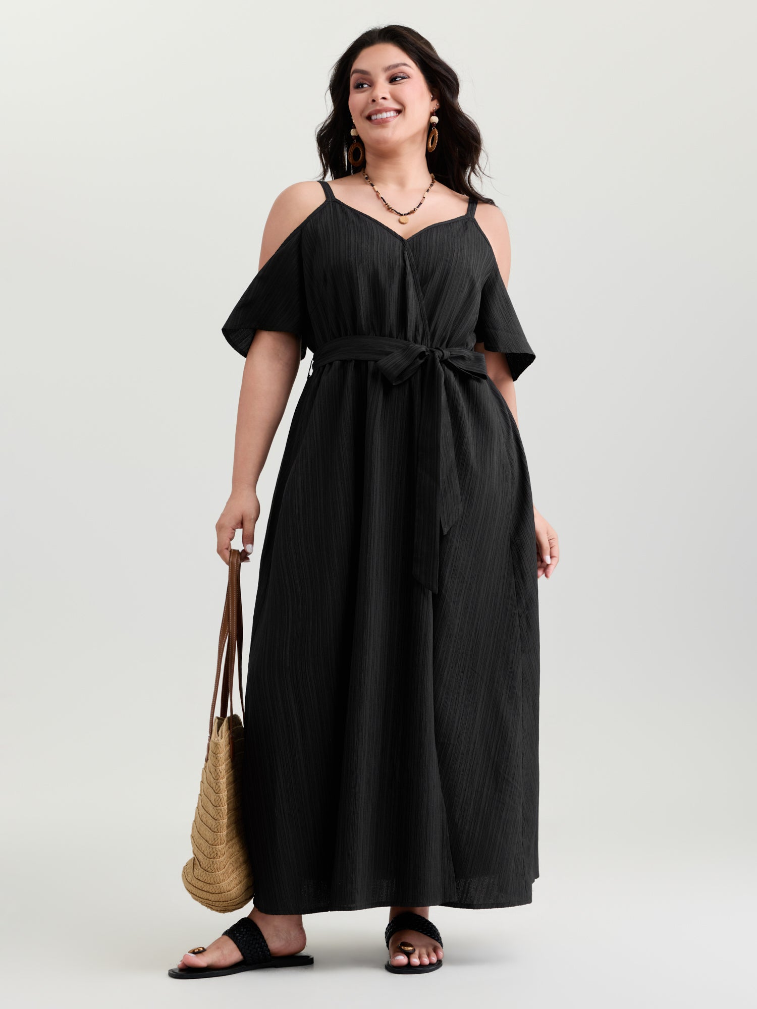 Off-Shoulder Textured Waist-Tie Maxi Dress