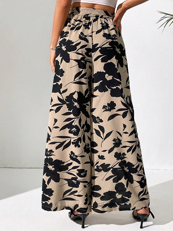 Elasticity Flower Print Tied Waist High Waisted Loose Trousers Pants