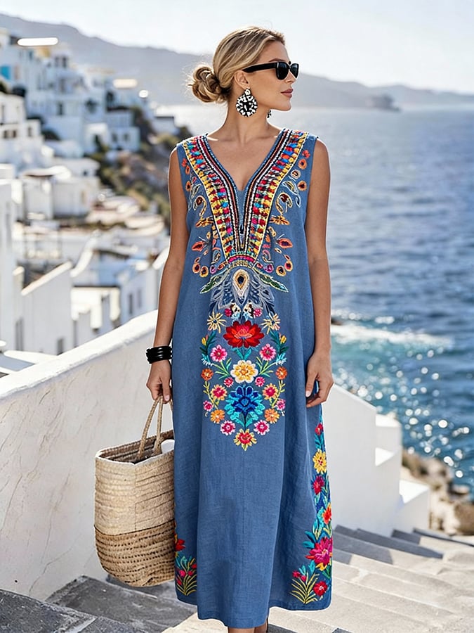 Women'S Casual Color-Block Cotton And Linen Dress- Fast Shipping