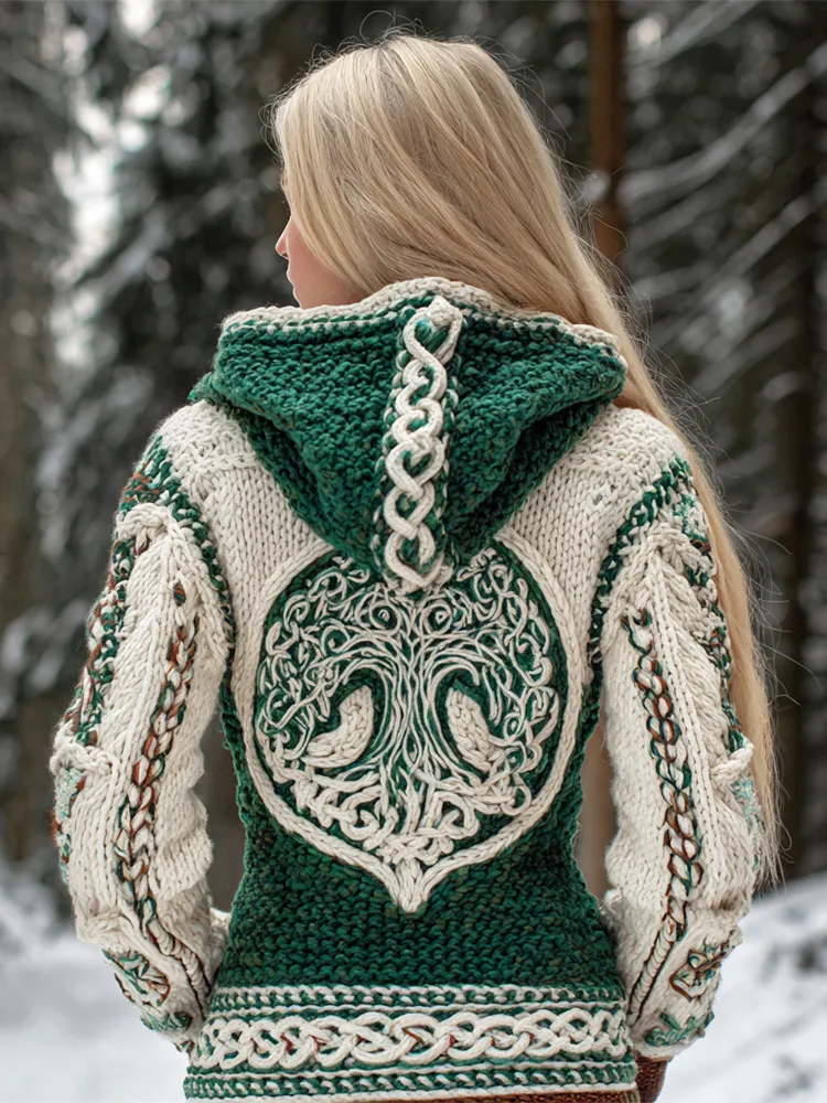 Viking Celtic Tree Knit Art Women's Hooded Sweater