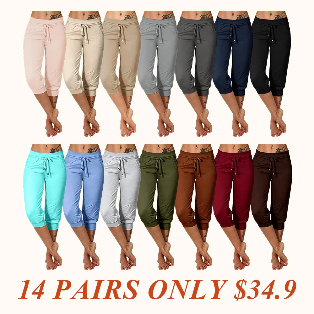 Women's Plain Drawstring Waist Capris Pants, Casual Pocket Trousers for Daily Wear