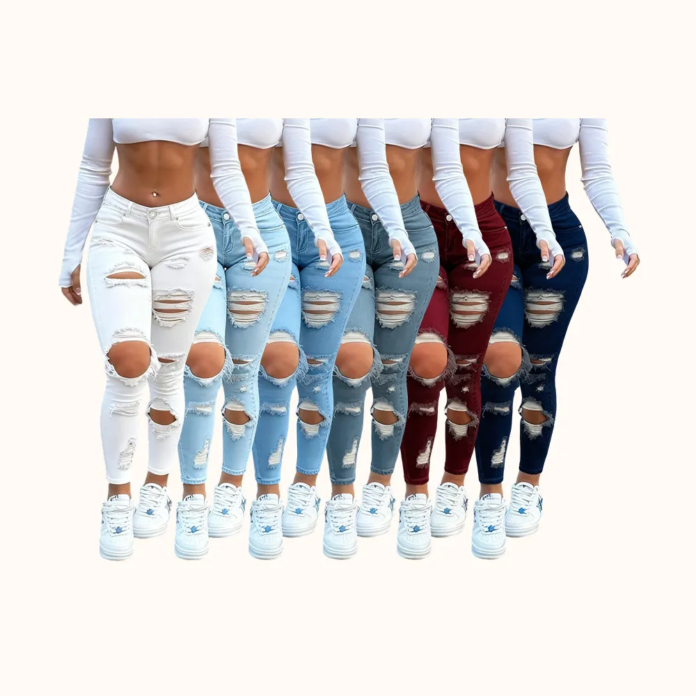 Women's High Waist Ripped Skinny Jeans with Butt Lifting Design, Elastic Denim for Valentine's Day Fashion