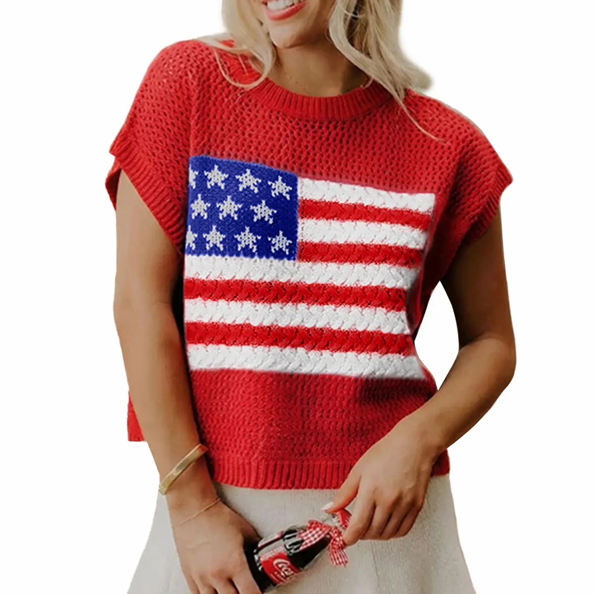Women's American Flag Graphic Sweater – Relaxed Fit Short Sleeve Knit Top