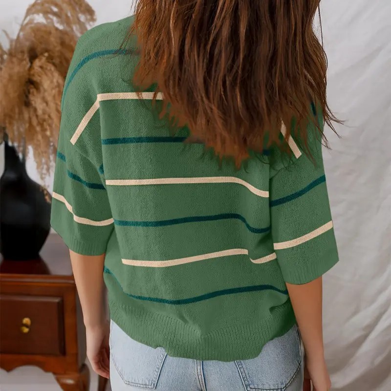 2026 Spring/Summer Women's Short Sleeve Striped Sweatshirt - Soft Breathable Fabric Crew Neck Pullover Top for Daily Wear