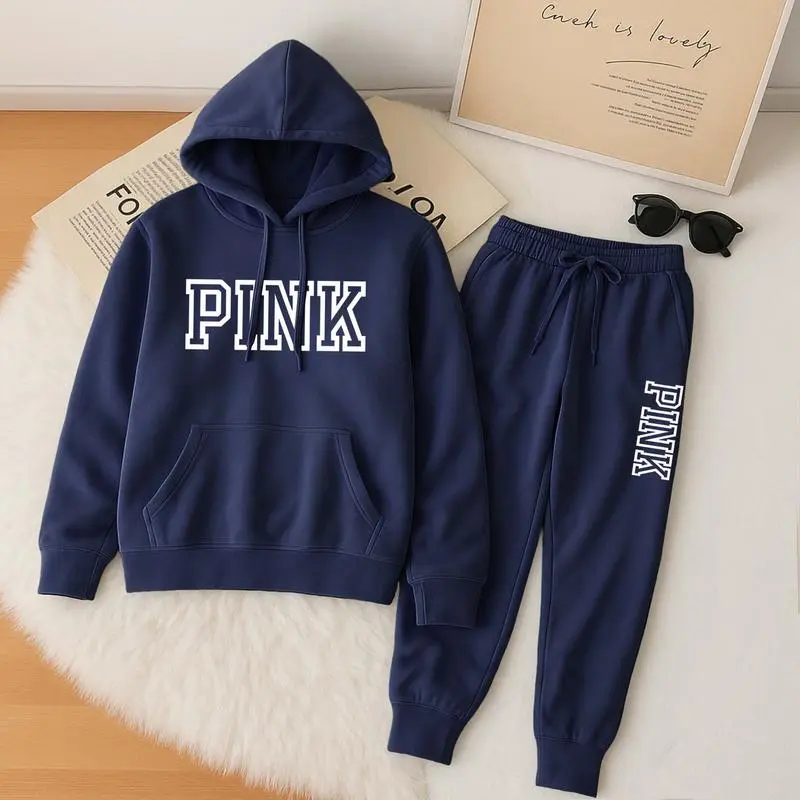 Women's Pink Print Hoodie And Drawstring Track Pants Set, Casual Sportswear