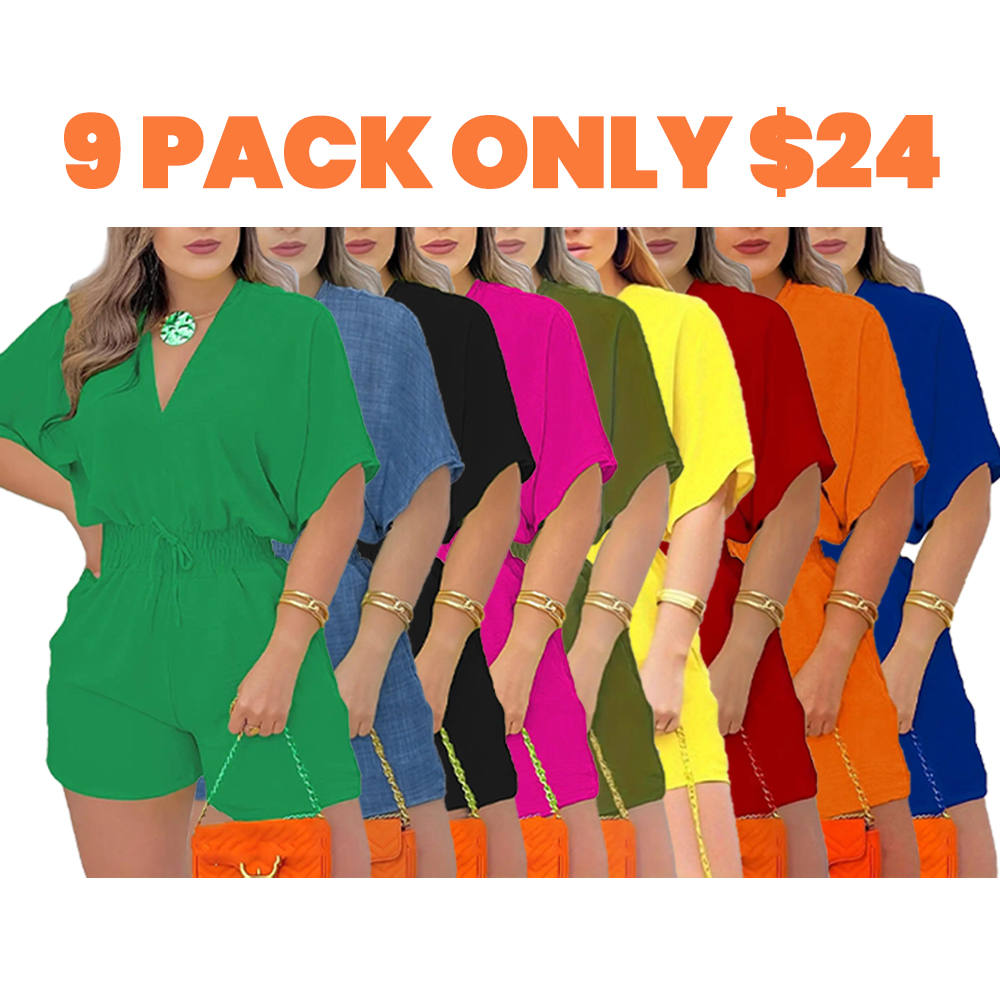 Women's Plain Drawstring Shirred Waist V Neck Romper