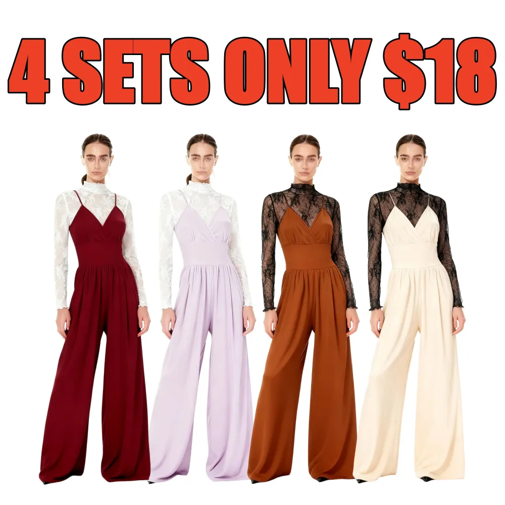 Women's Solid Color Lettuce Trim Mock Neck Sheer Lace Top & Pocket Wide Leg Cami Jumpsuit