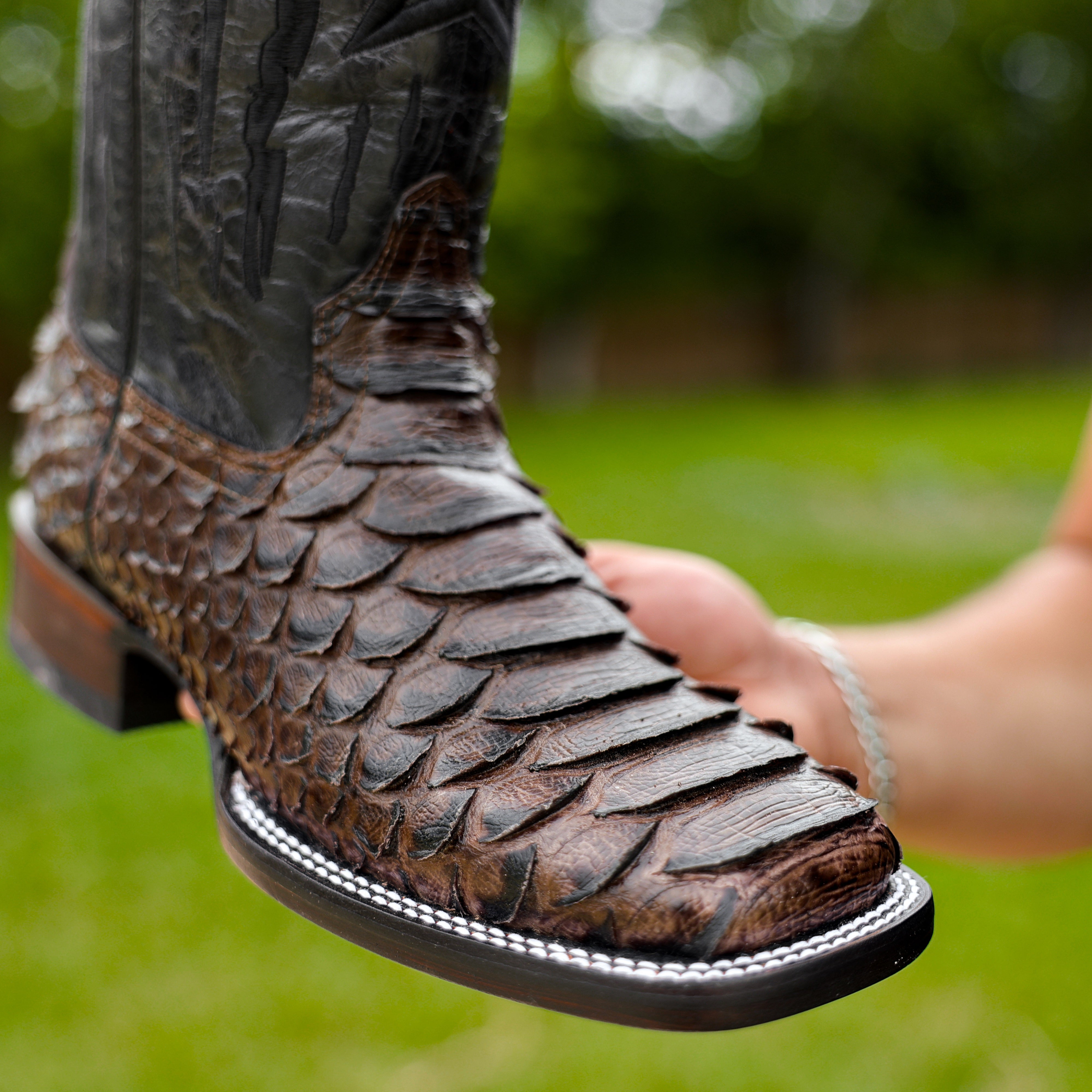 Brown Jumbo Python Leather Boots - Square Toe