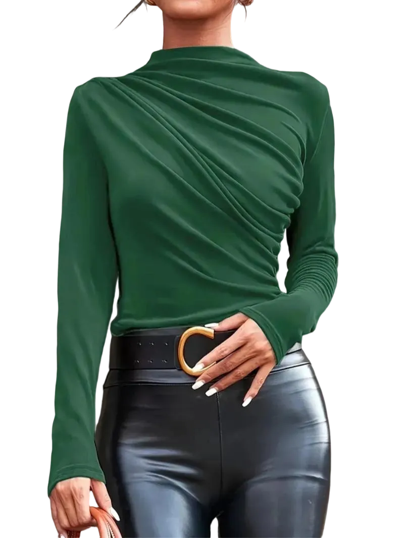 Women's solid color pleated turtleneck T-shirt