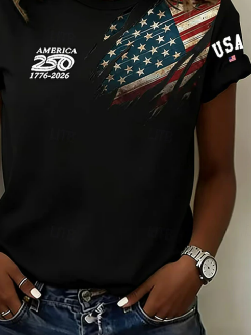 Women's Short Sleeve T-shirt Summer Black Independence Day (Flag) Printing Jersey Crew Neck Daily Going Out Casual Top