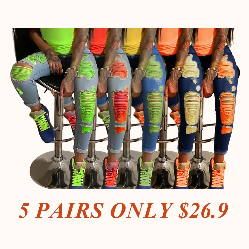 Women's Fashion Yellow Ripped Distressed Skinny Jean Slim Fit Denim Pants