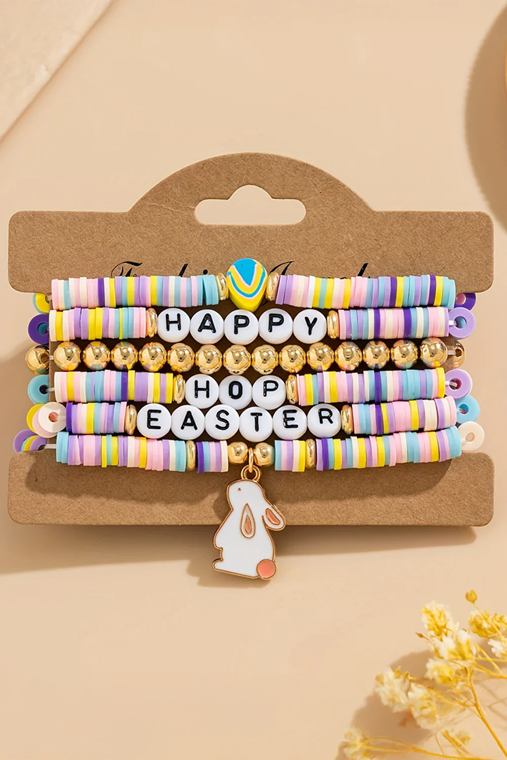 Gold Happy Easter Letter Beaded Elastic Multi Layer Bracelet