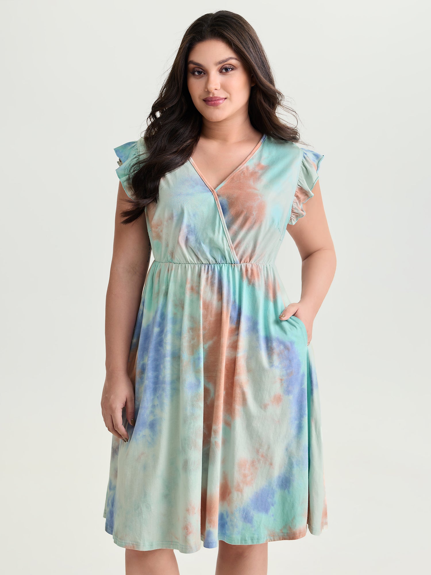 Cotton Color Gradient Wrap Neckline Midi Dress