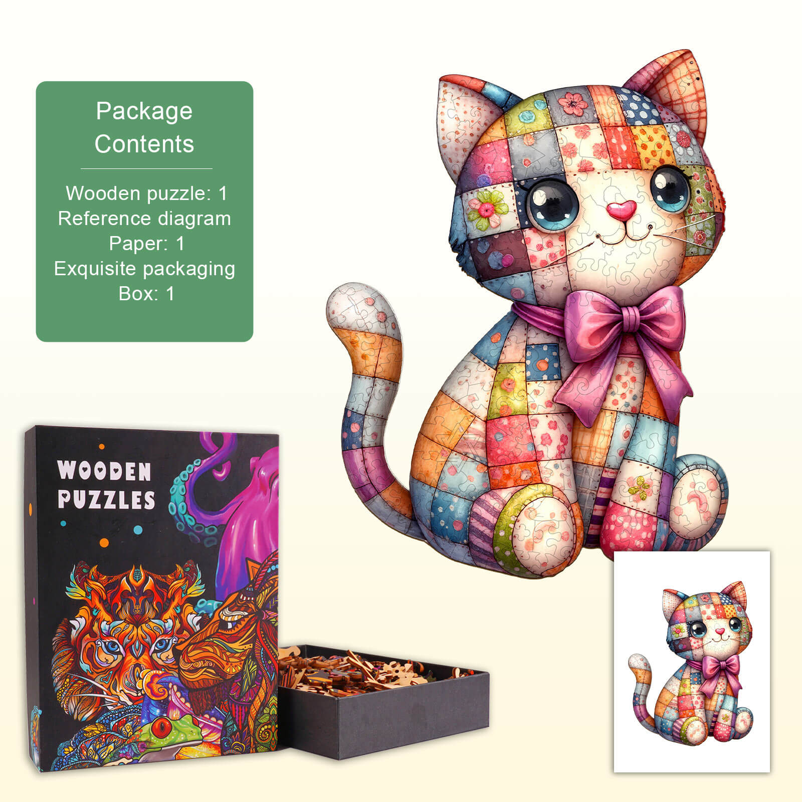 Cute Patchwork Cat Wooden Jigsaw Puzzle