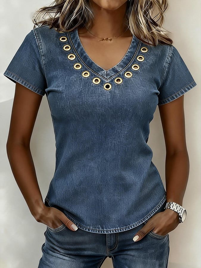 Women's Casual Solid Color Hollow-Out Denim Short-Sleeve Top