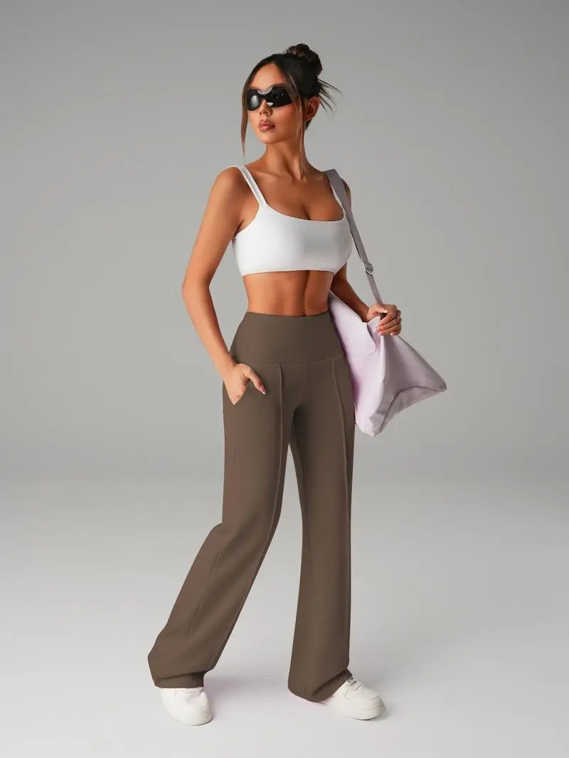 Women's Plain Loose Straight Leg Pants, Wide Leg High Waist Sporty Casual Sweatpants with Pockets