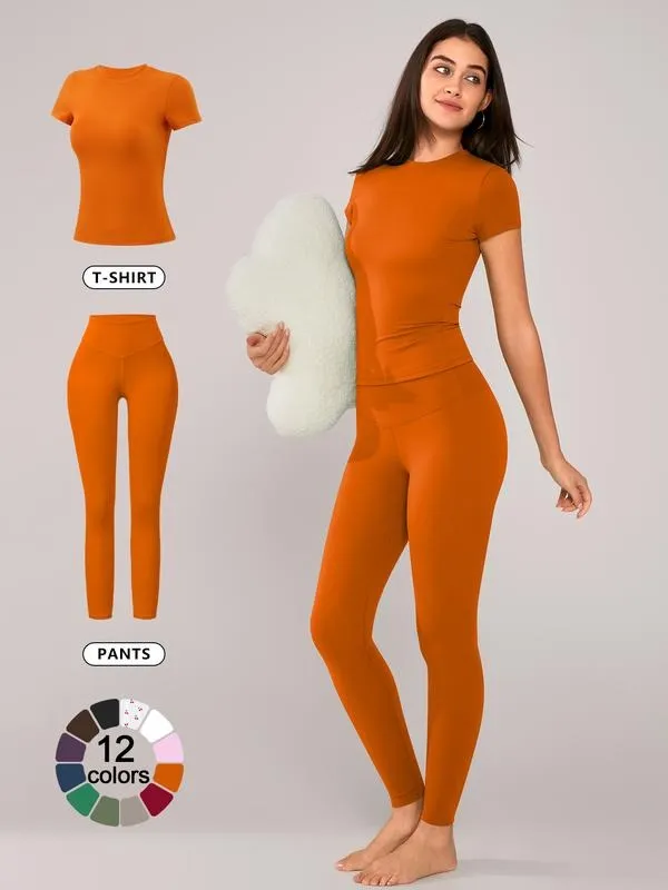 Women's Solid Short Sleeve Tee & Leggings Loungewear, Casual Comfy Round Neck Top & Skinny Pants PJ Set