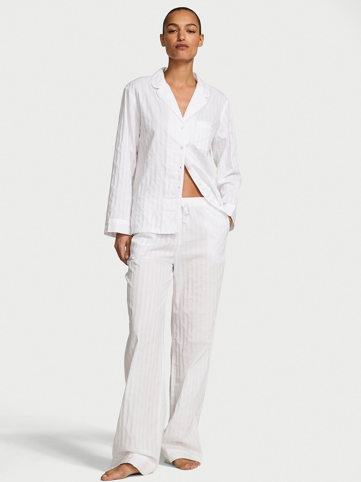 Heritage Cotton Shadow Stripe Long Pajama Set   Vs White Shadow Stripe