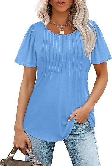 🔥Last day promotion🔥Womens T Shirts Short Sleeve Pleated Dressy Casual Scooped Neck Summer Tops Blouses