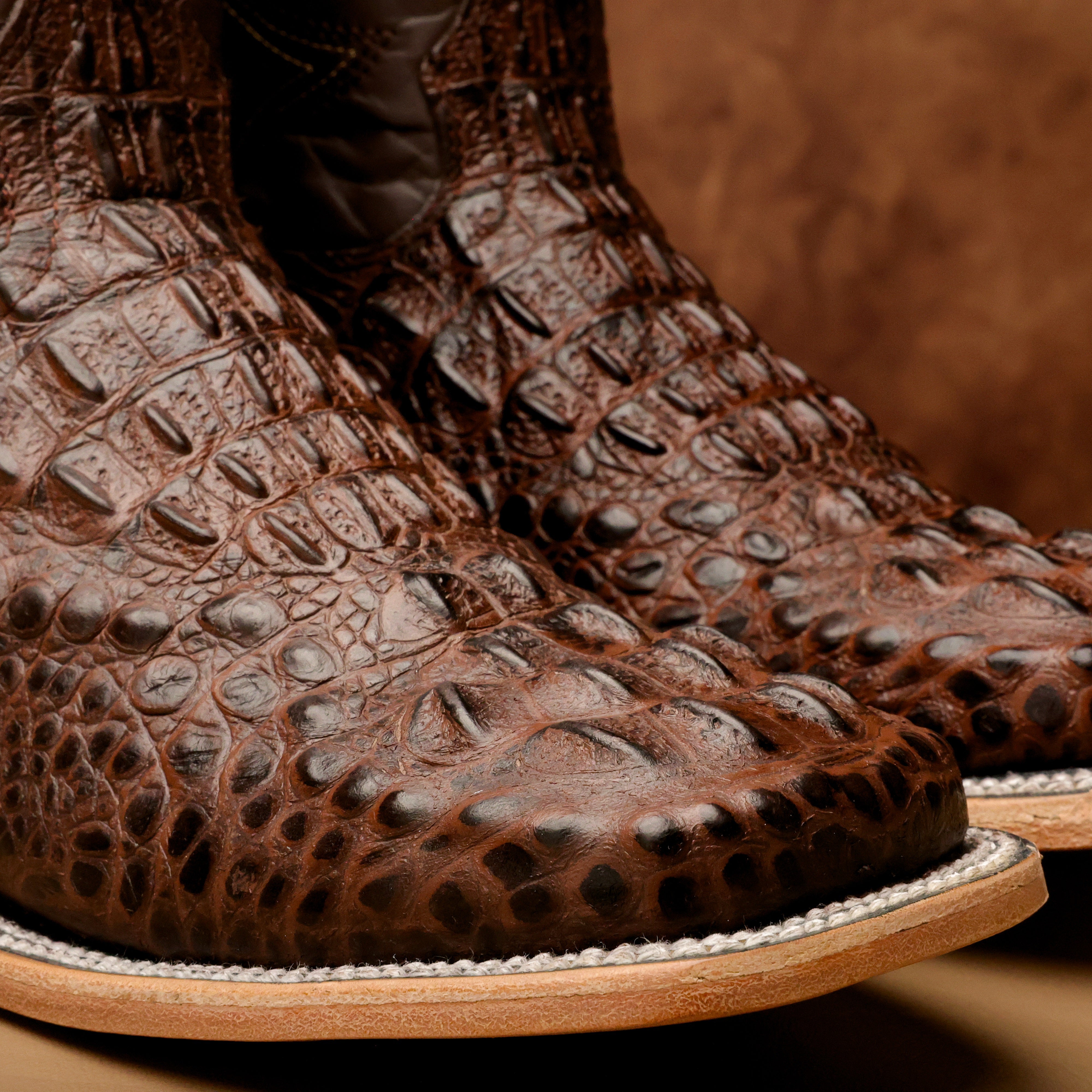 Brown Caiman Neck Leather Boots - Square Toe