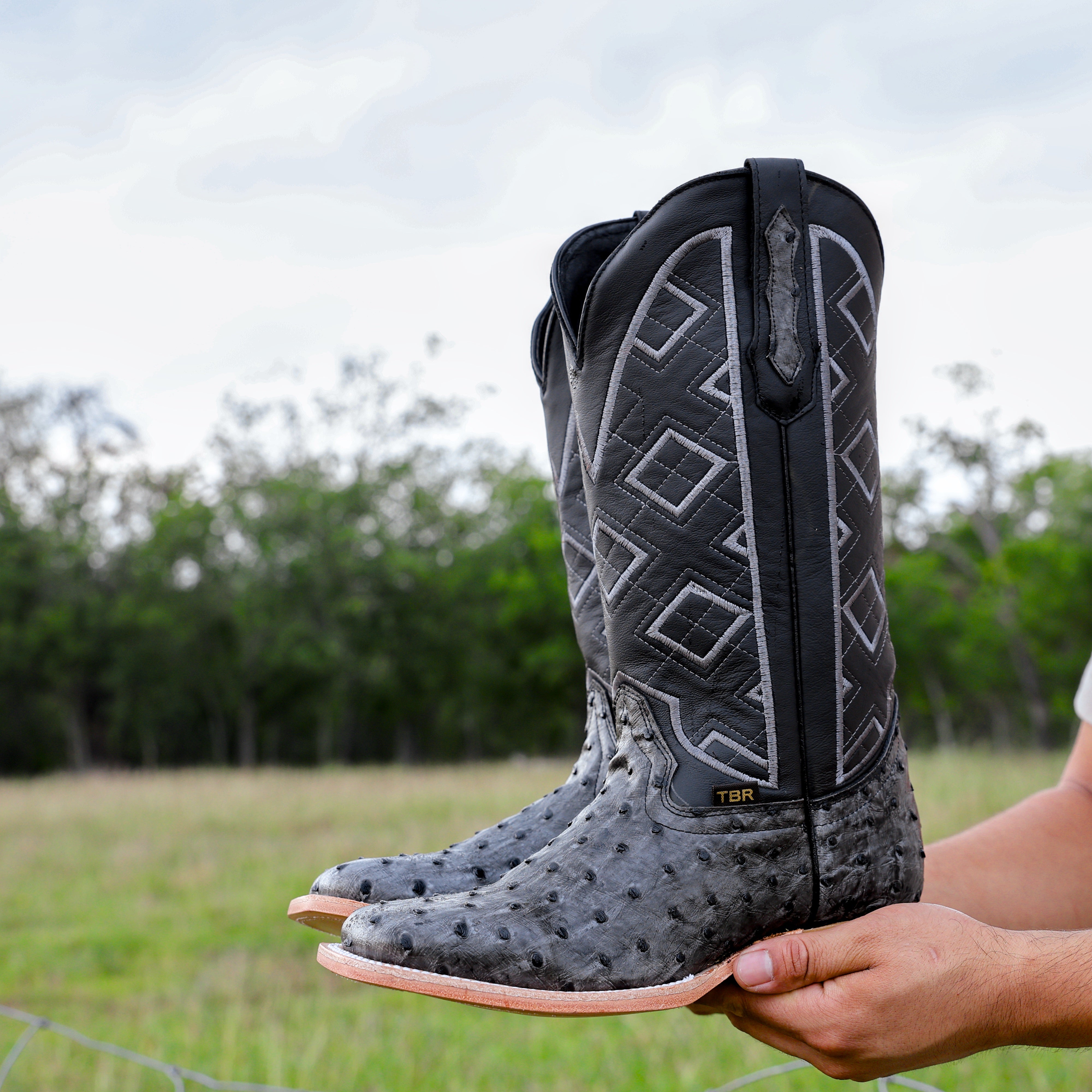 Grey Ostrich Leather Boots - Square Toe
