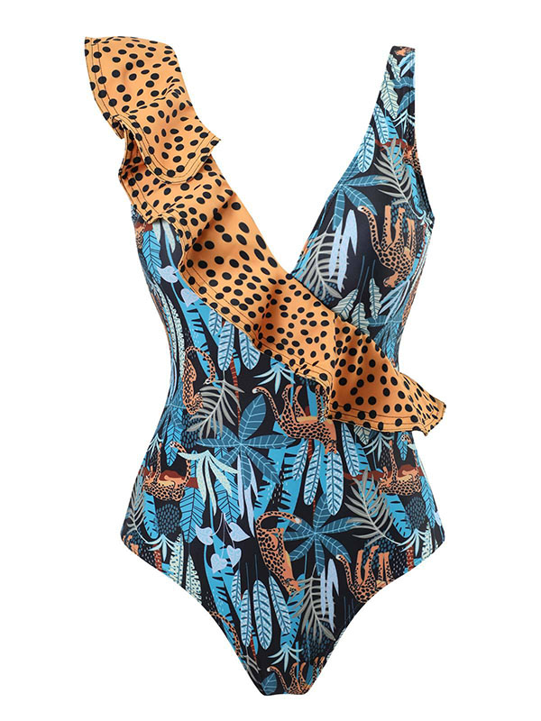Floral Leopard Print One Piece Swimsuit