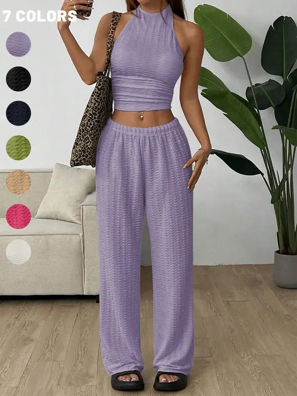 Women's Solid Crop Halter Neck Top & Wide Leg Pants Set