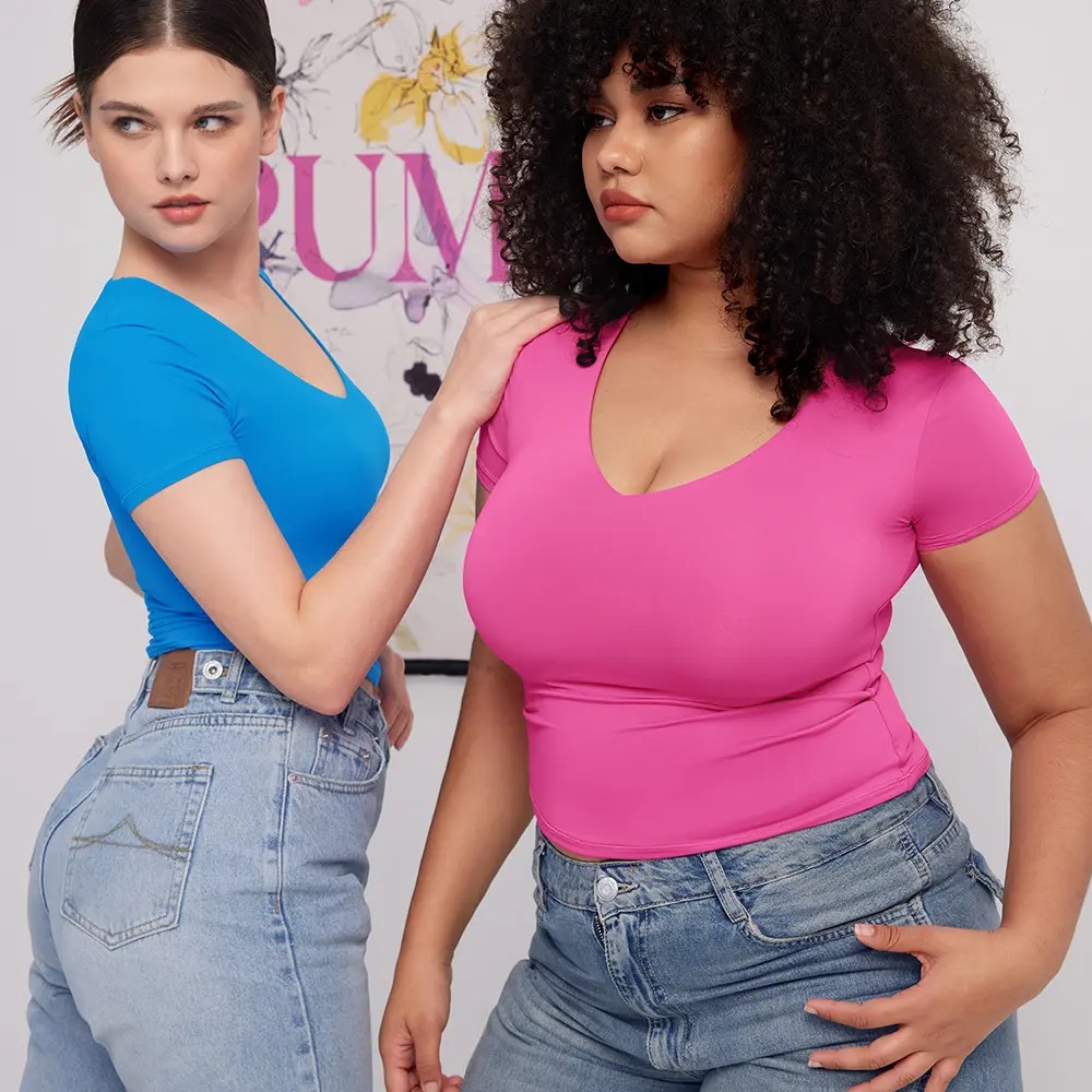 V-Neck Short Sleeve Basic Women's Slimming Fit Top