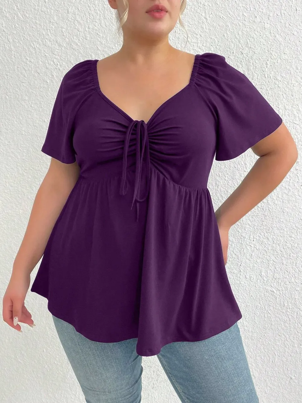 Plus Size Solid Color Rhinestone Collar Tie Front Short Sleeve Simple Casual T-Shirt