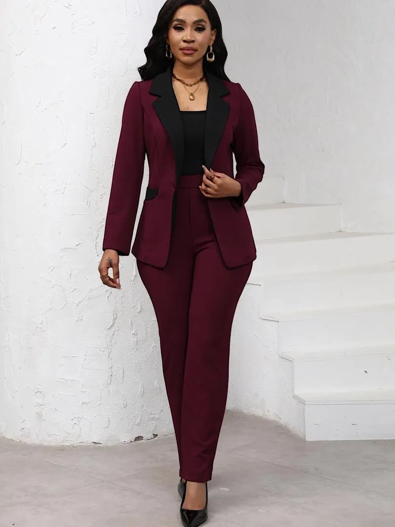 Women's Colorblock Blazer & Straight Leg Pants Set, Elegant Two-piece Set for Work Office Business, Ladies' Suits for All Seasons