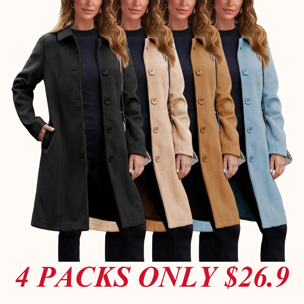 Women's Faux Wool Peacoat Single Breasted Notched Collar Trench Coat