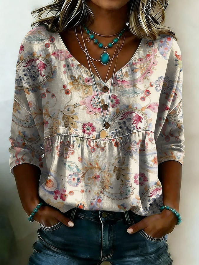 Women's Casual Retro Cotton-Linen Floral Shirt