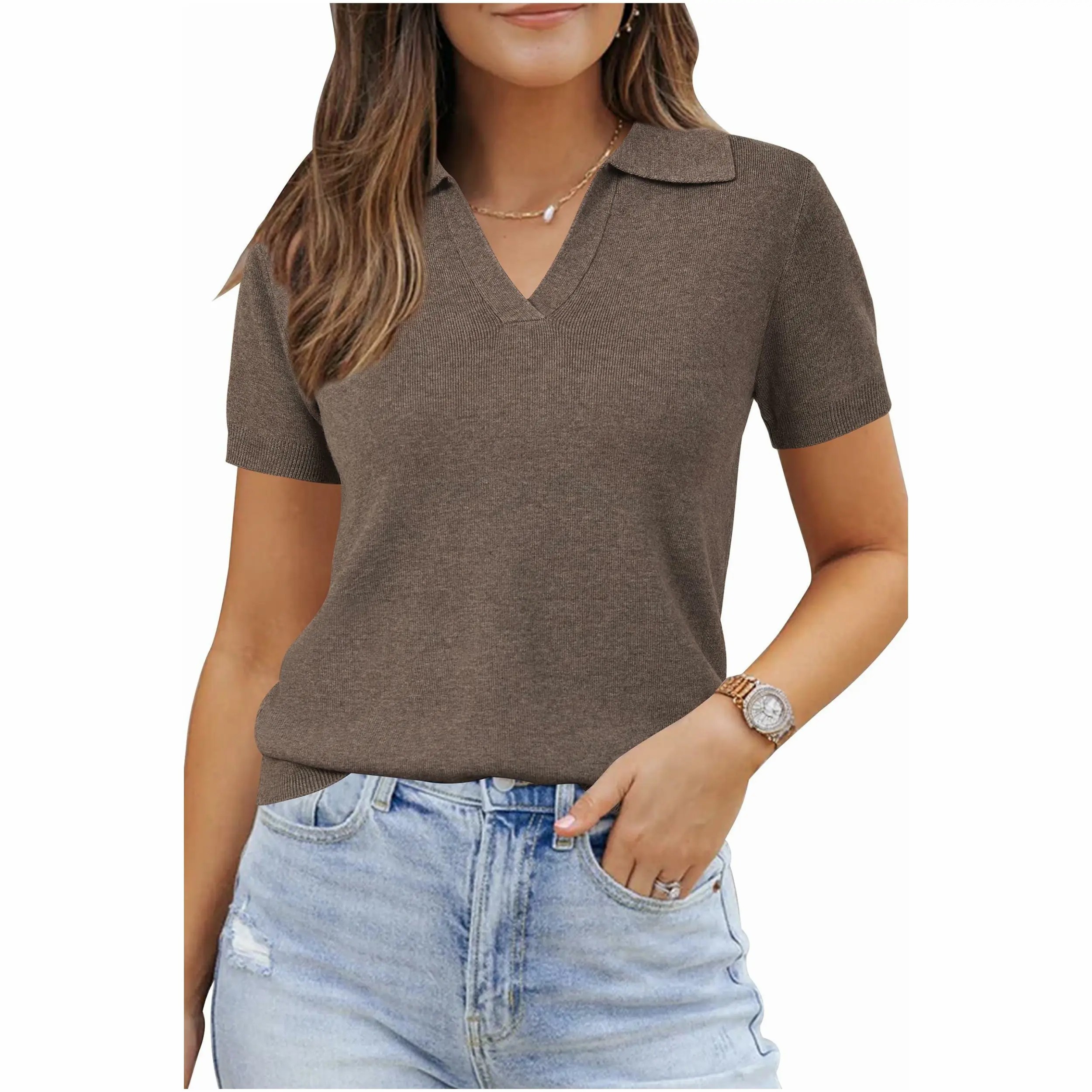 Women's Wool Blend Short Sleeve Polo Shirt – Soft Business Casual Summer Sweater Top