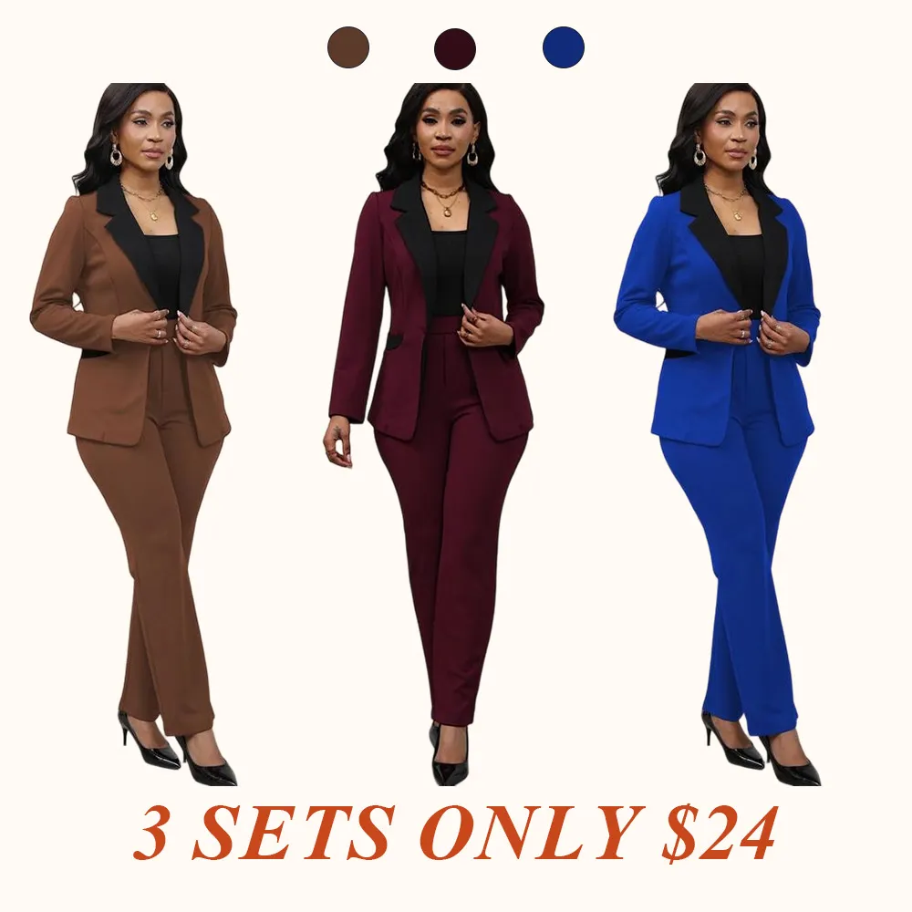 Women's Colorblock Blazer & Straight Leg Pants Set Suits