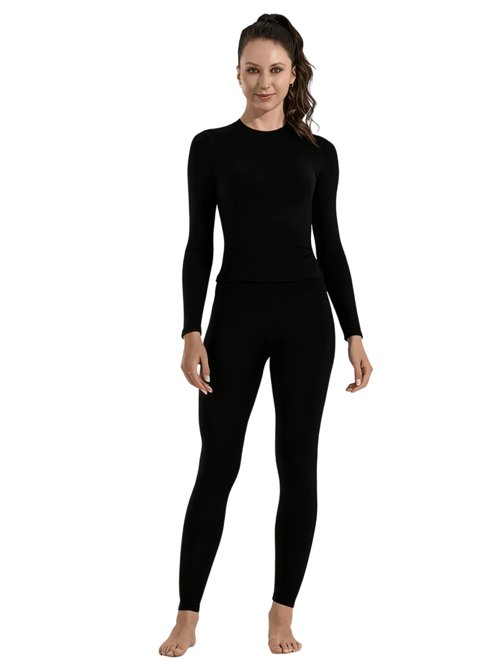 Women's Solid Long Sleeve Tee & High Waist Leggings Sportswear Set