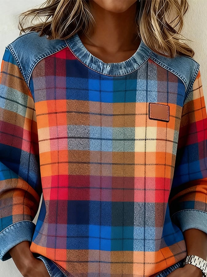 Women's Casual Crew Neck Plaid Patchwork Sweatshirt