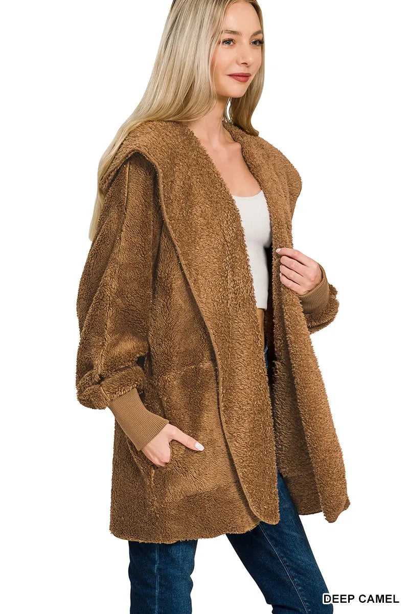 Hooded Faux Fur Jacket with Pockets