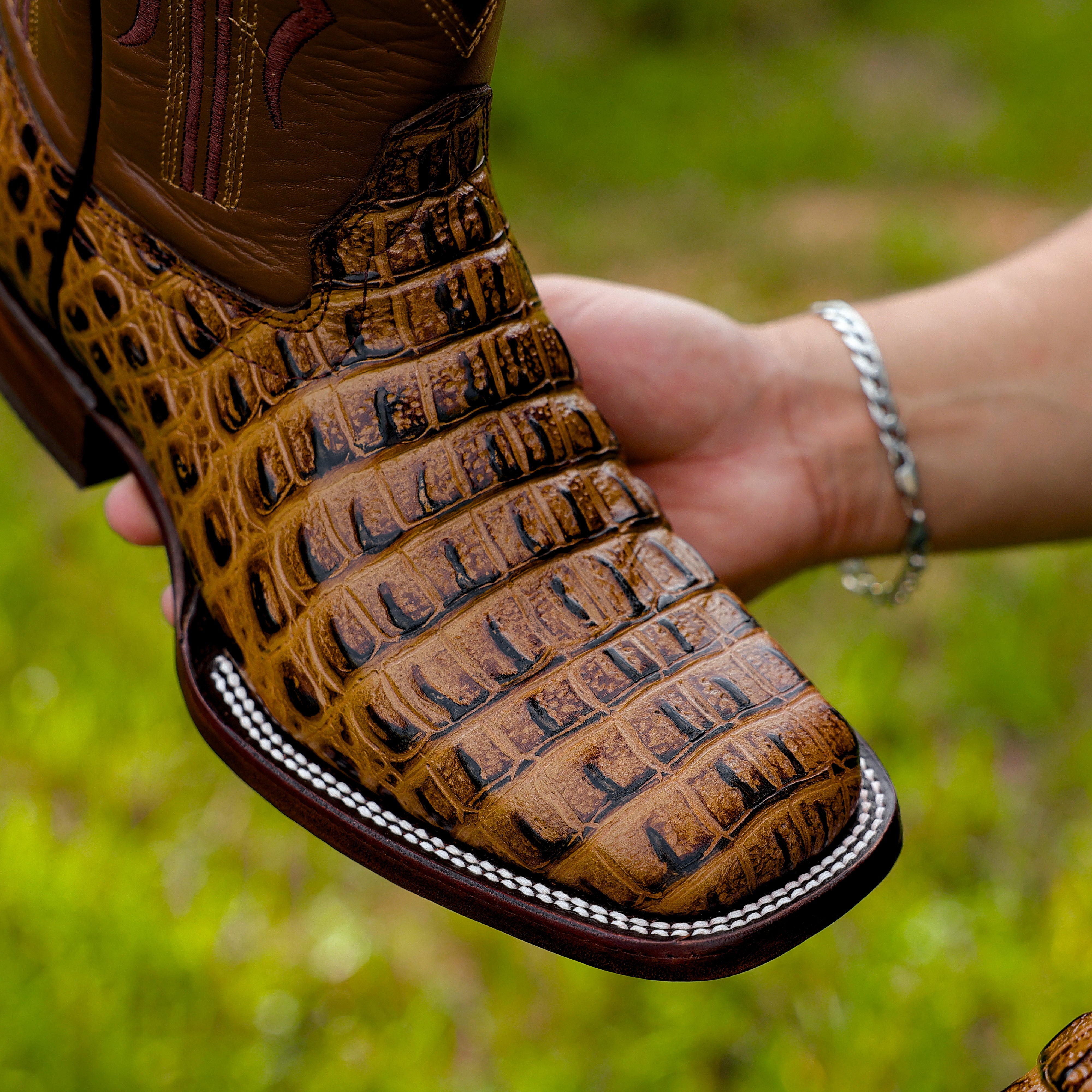 Honey Caiman Hornback Leather Boots - Square Toe