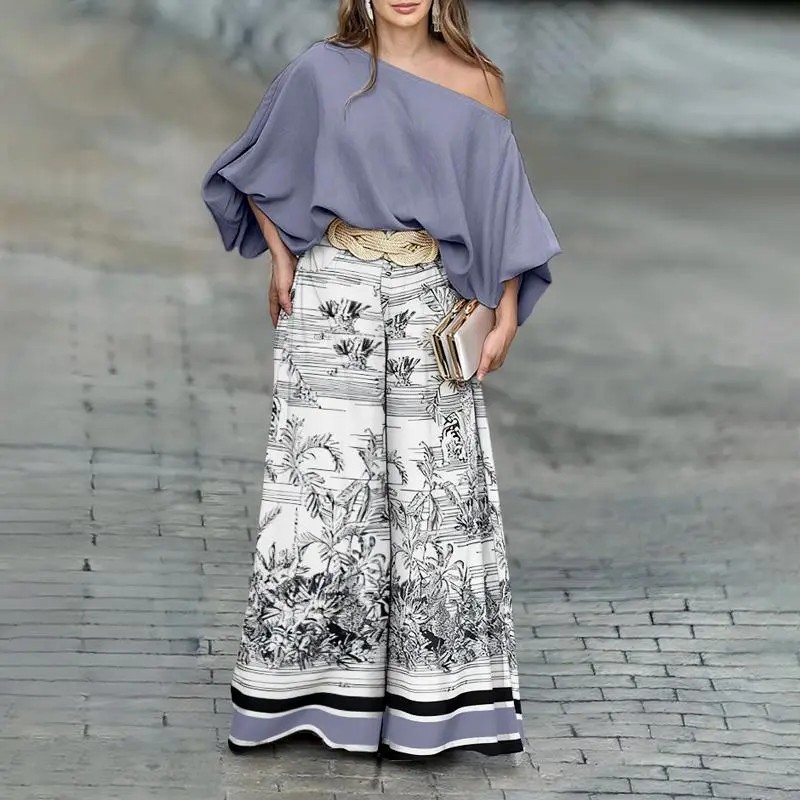 Women's Skew Neck Lantern Sleeve Top & Wide Leg Pants Set