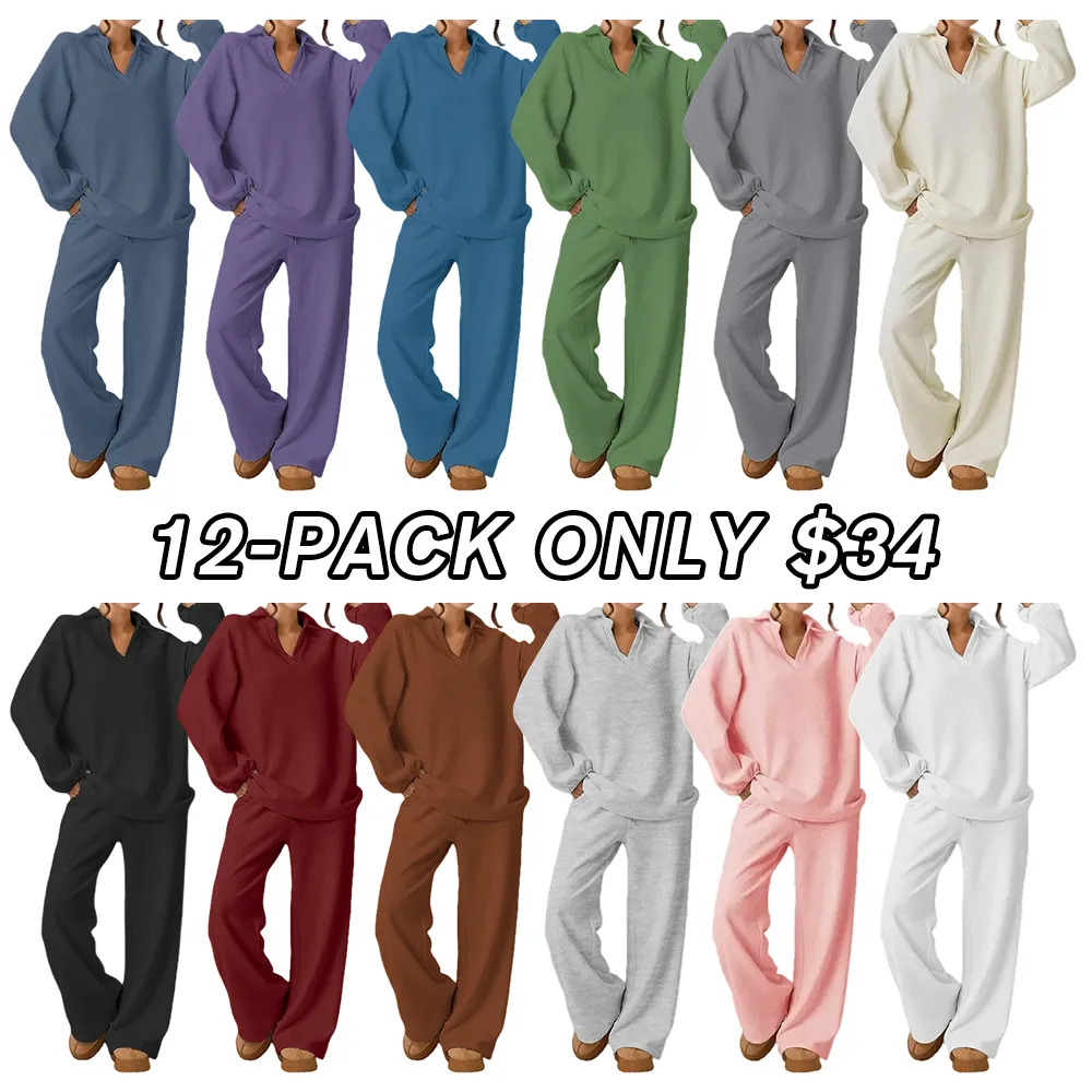 Women's loose-fitting V-neck textured pullover and drawstring waist pants set