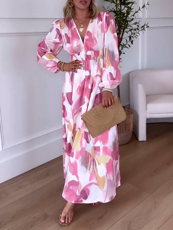 NEW🔥 Long Sleeve Printed Elastic Waist Dress