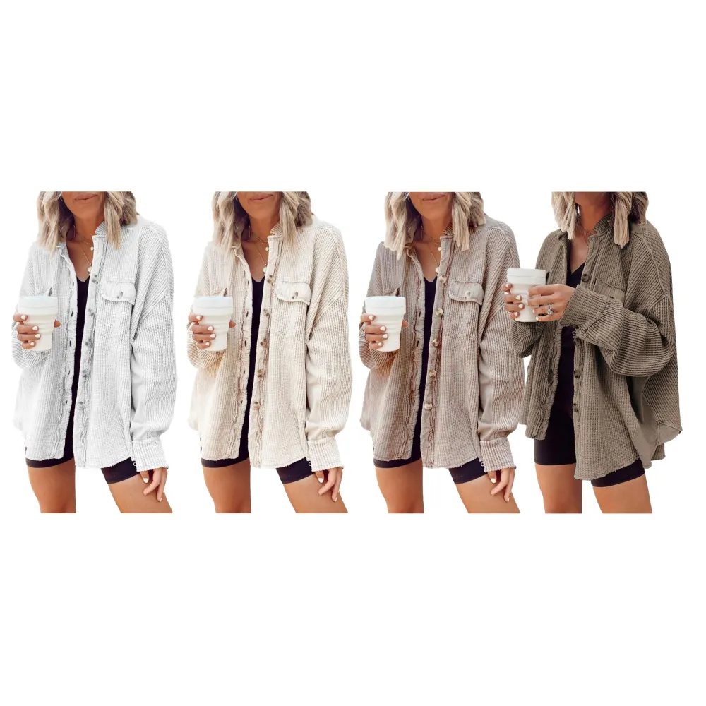 Women's Loose Fit Batwing Sleeve Waffle Knit Button Down Shirt Shacket Tops