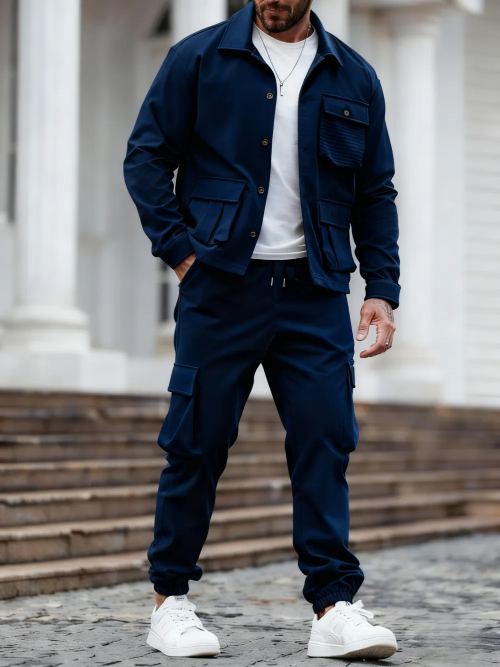 Men's Casual Solid 2-Piece Shirt & Pants Set (Long Sleeve, Spring & Fall)