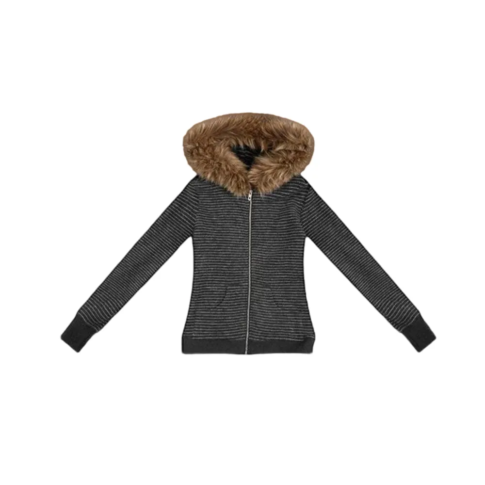 Women’s Striped Fur Collar Zip Hoodie